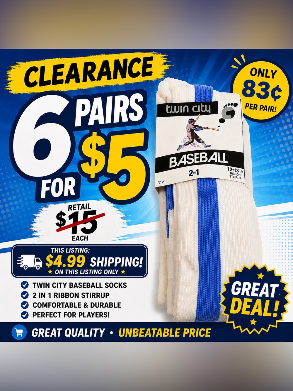 Clearance -6 pairs  Twin City Baseball Traditional Stirrup Socks White/Columbia